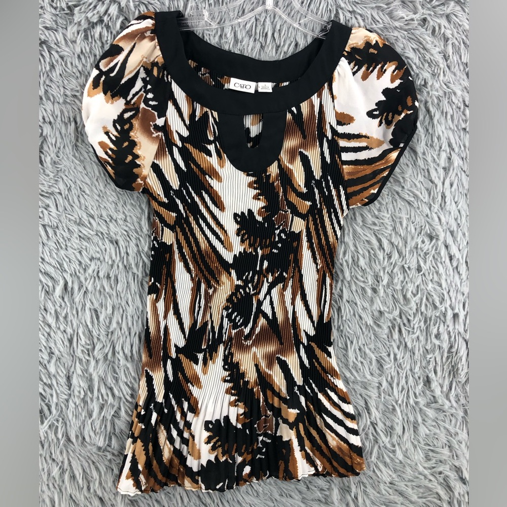 Cato Blouse Womens Small Crinkle Keyhole Brown Black Top